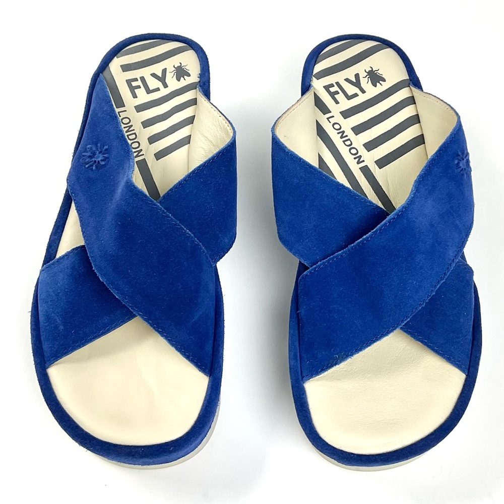 Fly London royal blue suede criss-cross strap sandals. Never worn.